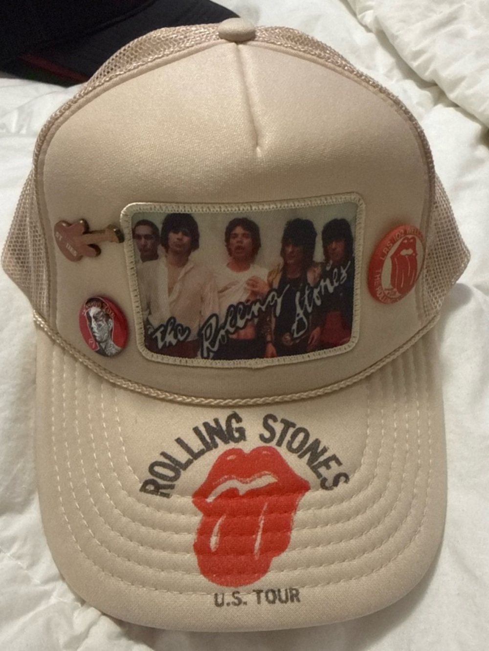MadeWorn Beige Rolling Stones Patch Trucker Hat with Red Tongue Logo